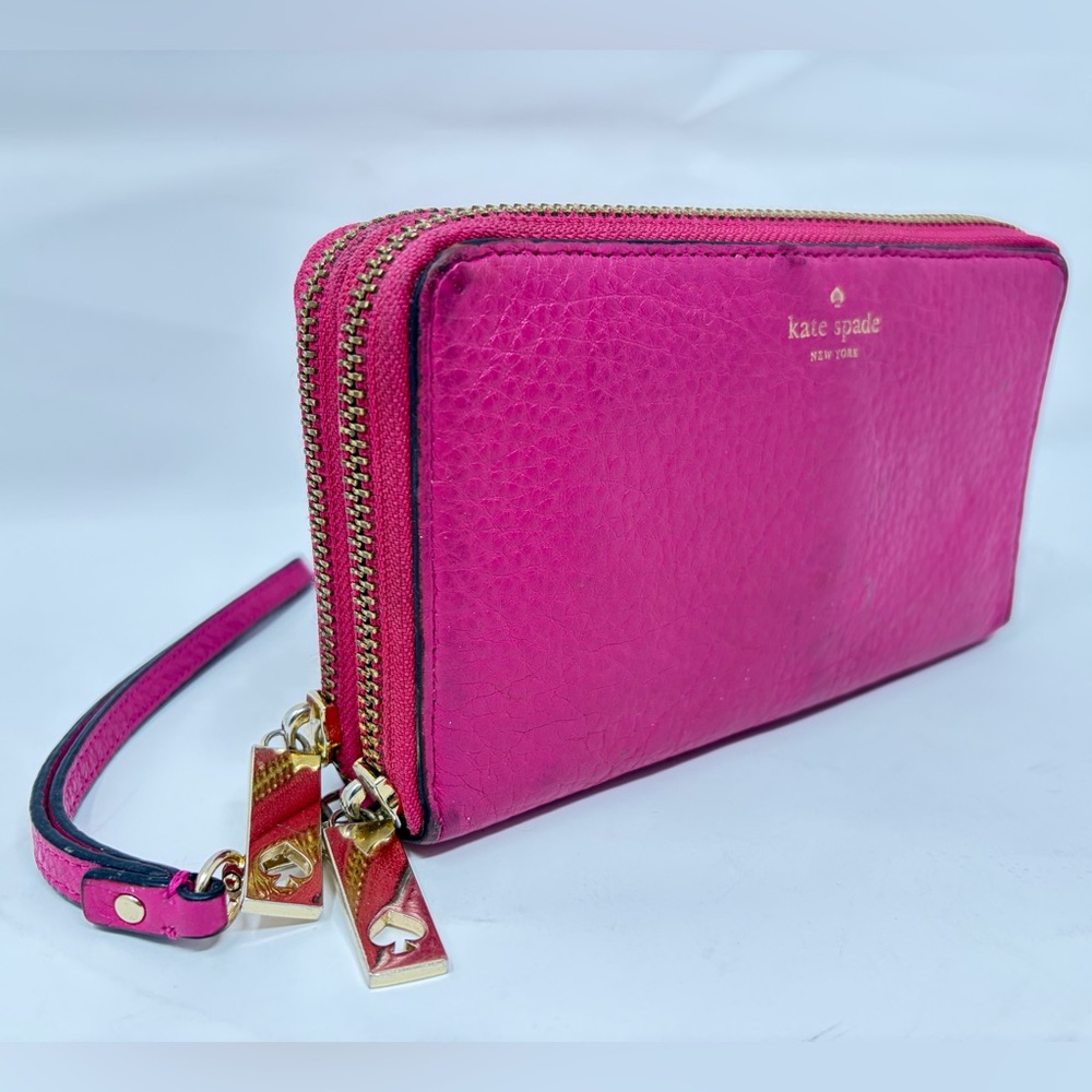 Kate Spade Pink Pebbled Leather Double Zip Wristlet Wallet Clutch